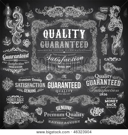 Vector set of calligraphic design elements: page decoration, Premium Quality and Satisfaction Guarantee Label, antique and baroque frames | Chalkboard background. Black illustration variant.