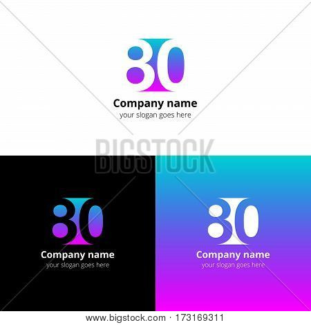 80 logo icon flat and vector design template. Monogram years numbers eight and zero. Logotype eighty with gren-pink gradient color. Creative vision concept logo, elements, sign, symbol.