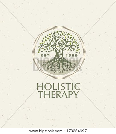 Holistic Therapy Tree With Roots On Organic Paper Background. Natural Eco Friendly Medicine Vector Concept.