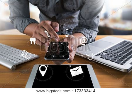 Man Hand Holding Smartphone Device And  Technology , Businessman Working With Modern Devices, Digita