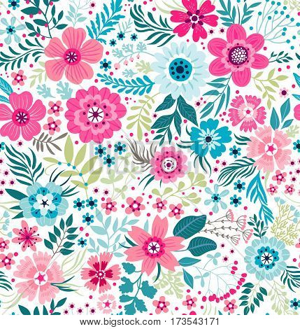 Floral pattern. Pretty flowers on white backgroung. Printing with Small-scale pink flowers. Ditsy print. Seamless vector texture. Spring bouquet.