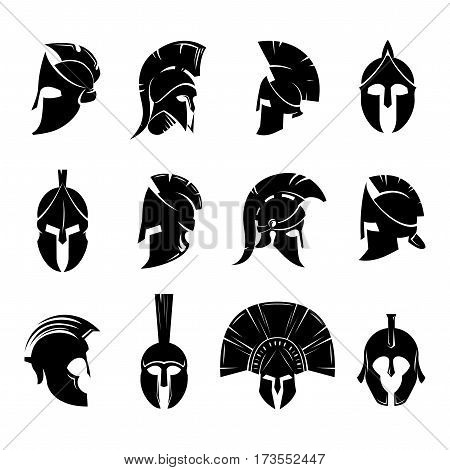 Silhouettes spartan helmet isolated from the background. Vector set of roman or greek warrior helmet. Helmets spartan soldiers in the side and front view.