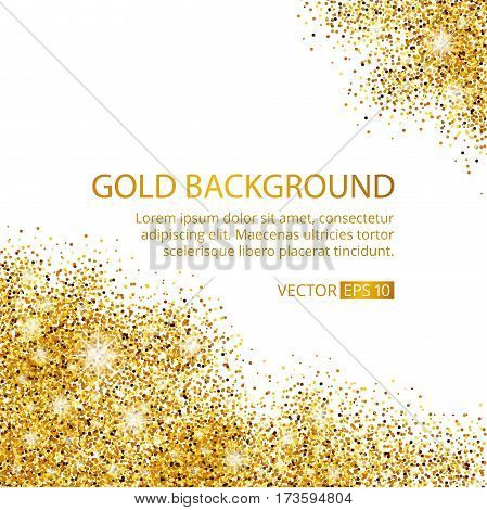 Gold sparkles corner on white background. Gold glitter background. Gold text for card, vip exclusive, certificate gift, luxury, privilege voucher. Store, present, shopping.