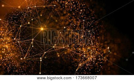 Elegant fantasy abstract technology, science and engineering background with golden particles and plexus lines. Star light. Depth of field settings. 3d rendering.