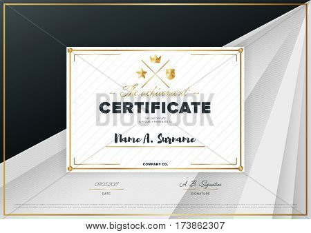 Certificate vector template or diploma design. Graduation, achievement certificate, success layout. Black certificate design. Modern certificate border or diploma with abstract text. Diploma template vector layout.