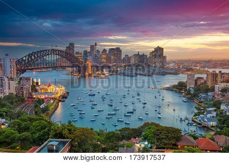 Sydney. Cityscape image of Sydney, Australia with Harbour Bridge and Sydney skyline during sunset.