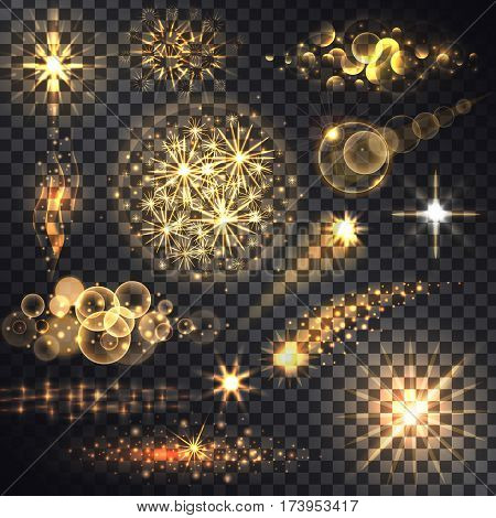 Set glows bright star light fireworks. Flash and glow, sparkle illuminated, flare effect, shine explosion, glitter and twinkle, spark magic, decoration starburst, shiny illustration. Raster version