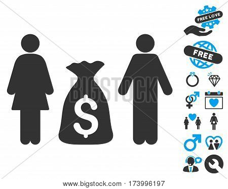 Family Money Deposit pictograph with bonus valentine clip art. Vector illustration style is flat iconic blue and gray symbols on white background.