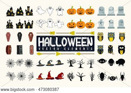 Halloween Element Bundle Vector Icon Symbol For T-shirts. Coffins, Ghost, Spider, Hat, Broom, Dead T