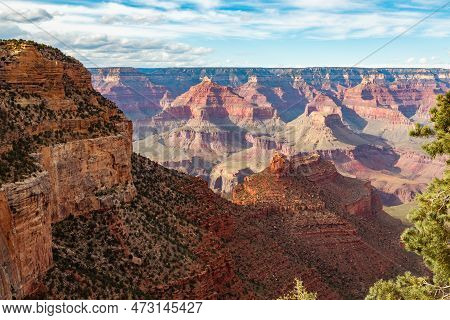 Grand Canyon Aerial, Arizona. Panorama In Beautiful Nature Landscape Scenery At Sunset In Grand Cany