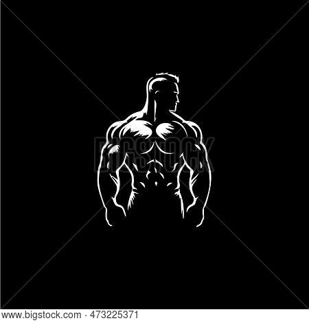 Bodybuilder Male Figure Icon, Gym Logo Template, Athletic Man Sign White Silhouette On Black Backgro