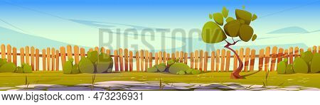 Summer Backyard Garden With Wooden Fence Vector Illustration. Emptyl Back Yard With Stone Paved Grou