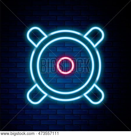 Glowing Neon Line Stereo Speaker Icon Isolated On Brick Wall Background. Sound System Speakers. Musi