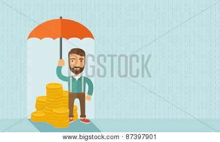 A businessman with beard standing holding umbrella protecting his money to investments, money management. Saving money for any storm problem will come. Business concept.A contemporary style with