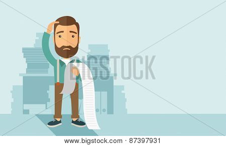 A sad hipster Caucasian man with beard standing holding a paper feels headache and worries about paying a lot of bills. Problem, worries concept. A contemporary style with pastel palette soft blue