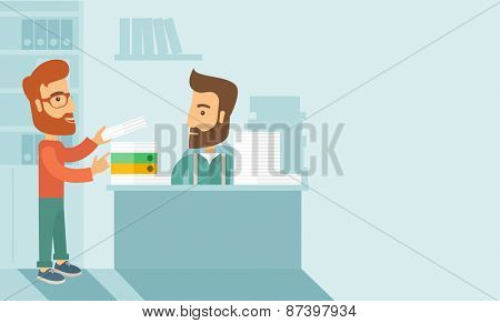 A man giving a paper work to do to other man, stressful man in office with stack of paper on his desk. Business concept in overload work and very busy. A contemporary style with pastel palette soft