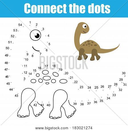 Connect the dots children educational drawing game. Dot to dot by numbers game for kids. Animals theme. Printable worksheet activity with dinosaur