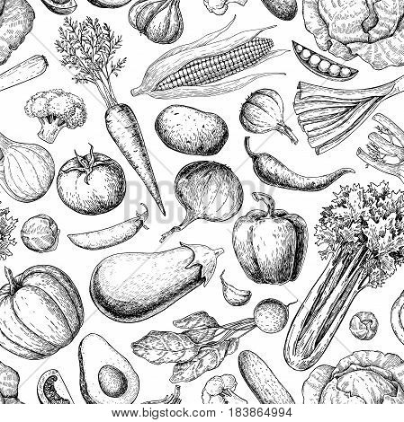 Vegetable seamless pattern. Hand drawn vintage vector background. Vegetarian set of farm market products. Detailed organic food drawing. Great for menu, poster, print, wallpaper, fabric