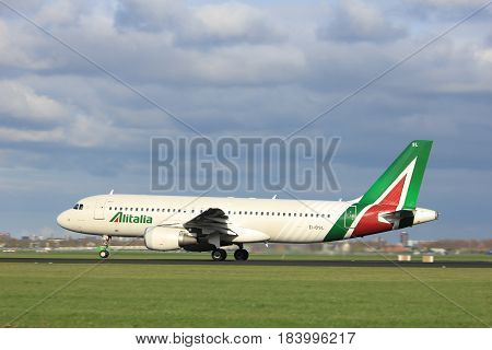 Amsterdam the Netherlands - April 7th 2017: EI-DSL Alitalia Airbus A320 takeoff from Polderbaan runway Amsterdam Airport Schiphol