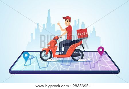 Pizza Motorbike Delivery. Urban Landscape With Food Courier Driving Bike Fast Delivery Vector Concep