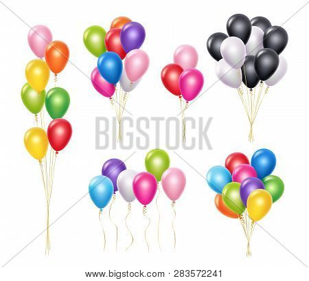 Transparent Balloons. Realistic Mockup 3d Flying Helium Party Decoration Balloons Vector Collection.