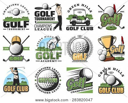 Golf Sport Game Symbols And Equipment Icons. Vector Golfer And Ball, Stick, Cart, Hole And Golf Cour