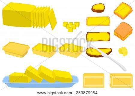 Illustration On Theme Big Colored Set Different Types Creamy Butter, Dairy Oil Various Size. Creamy 