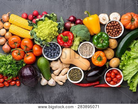 Healthy Eating Ingredients: Fresh Vegetables, Fruits And Superfood. Nutrition, Diet, Vegan Food Conc