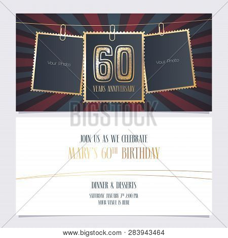 60 Years Anniversary Party Invitation Vector Template. Illustration With Photo Frames For 60th Birth