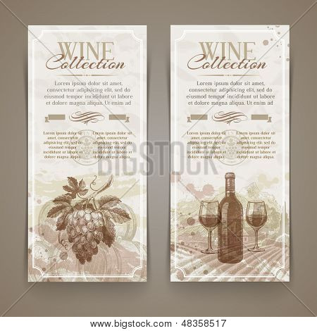 Wijn en wijnbouw - vector grunge vintage banners met hand getrokken elementen