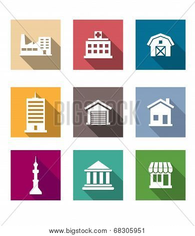 Flat buildings icons set