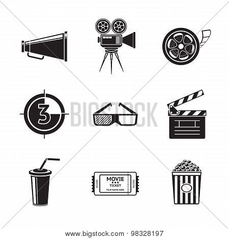 Cinema, movie icons set with -  projector, film strip, 3D glasses, clapboard, popcorn in a striped t