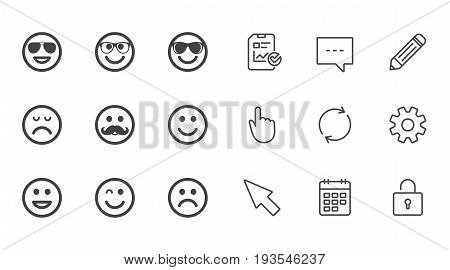 Smile icons. Happy, sad and wink faces signs. Sunglasses, mustache and laughing lol smiley symbols. Chat, Report and Calendar line signs. Service, Pencil and Locker icons. Click, Rotation and Cursor