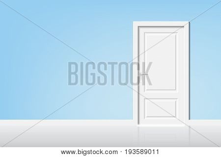 vector open the door to the light, blue room with white door. There is light under the door, illustration concept about life style.