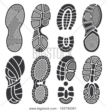 Isolated footprint vector silhouettes. Dirty shoes and sneakers footprints. Black footprint and illustration of imprint track step