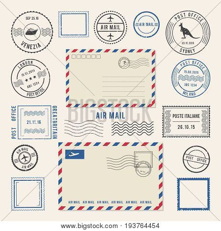 Vector illustrations of letters and postmarks, airmail designs. Antique stamps. Airmail retro stamp, vintage post stamps imprint