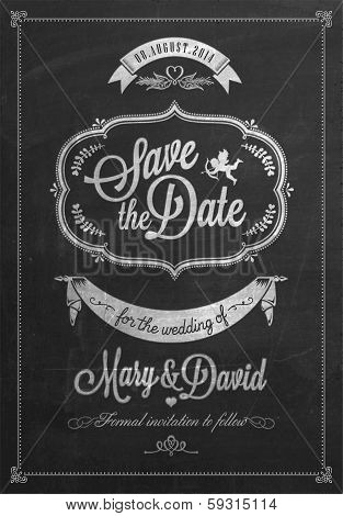 Save The Date Wedding invitation Card On Blackboard With Chalk