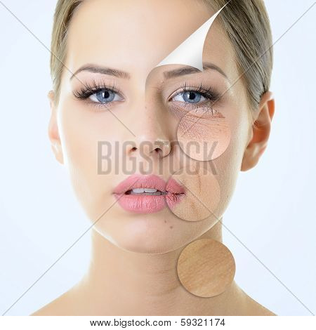 anti-aging concept, portrait of beautiful woman with problem and clean skin, aging and youth concept, beauty treatment 