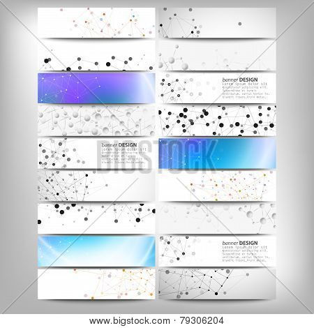 Big banners set, science backgrounds, molecule and communication backgrounds. Conceptual vector desi