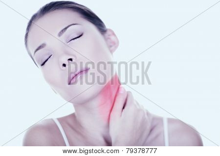 Neck pain woman need back massage. Neck pain muscle stress and strain - Unhappy tense stressed Asian woman massaging neck. Massage wellness concept with female beauty model. Mixed race Asian Caucasian