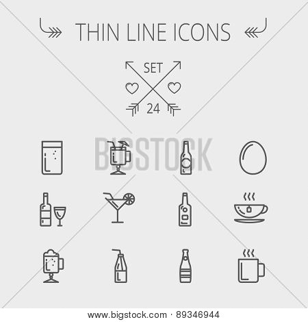 Food and drink thin line icon set for web and mobile. Set includes-soda, wine, whisky, coffee, hot choco, beer, ice tea, egg icons. Modern minimalistic flat design. Vector dark grey icon on light grey