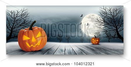 Holiday Halloween Banner with Pumpkins and Moon. Vector