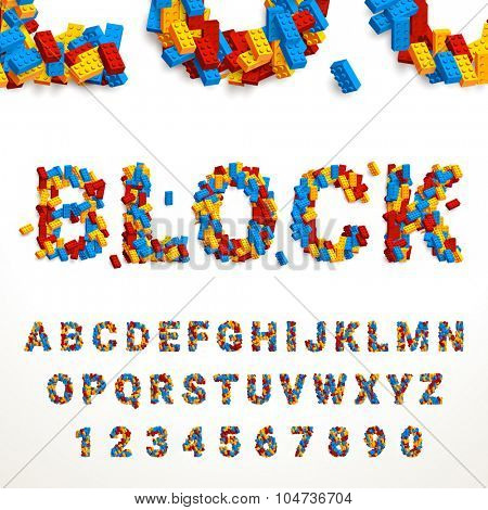 Vector typeface made of colorful blocks. Latin alphabet from A to Z and numbers from 0 to 9