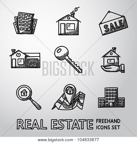 Set of freehand REAL ESTATE icons - landscape, sale tag, key, hand with house, search icon, map, sky