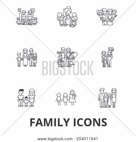 Family, happieness, home, fun, couple, family tree, family portrait, vacation line icons. Editable strokes. Flat design vector illustration symbol concept. Linear signs isolated on white background