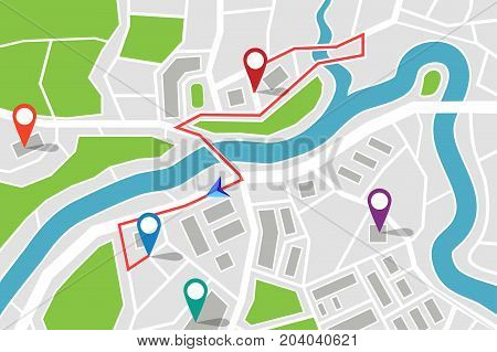 Map with gps pointers and route or itinerary with arrow. Road to direction with marked streets. Pin on navigation map with path. Travel and location information, transport and search theme