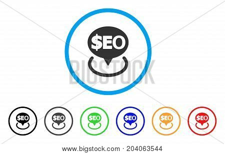 Geotargeting Seo icon. Vector illustration style is a flat iconic geotargeting seo grey rounded symbol inside light blue circle with black, gray, green, blue, red, orange color versions.