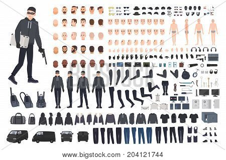 Thief, burglar or robber DIY kit. Collection of flat male cartoon character body parts in different positions, skin types, clothing and accessories isolated on white background. Vector illustration