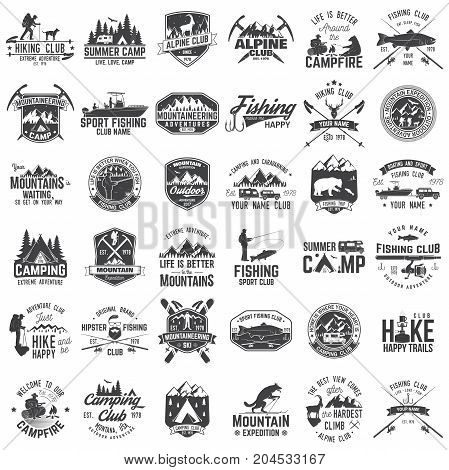 Summer camp, fishing, alpine and hiking club. Vector illustration. Set of vintage badges, labels, logos, silhouettes. Vintage typography collection with 36 items. Outdoors adventure emblems.