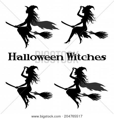 Set Witch Flying on Broom, Picture for Holiday Halloween, Black Silhouettes Isolated on White Background. Vector